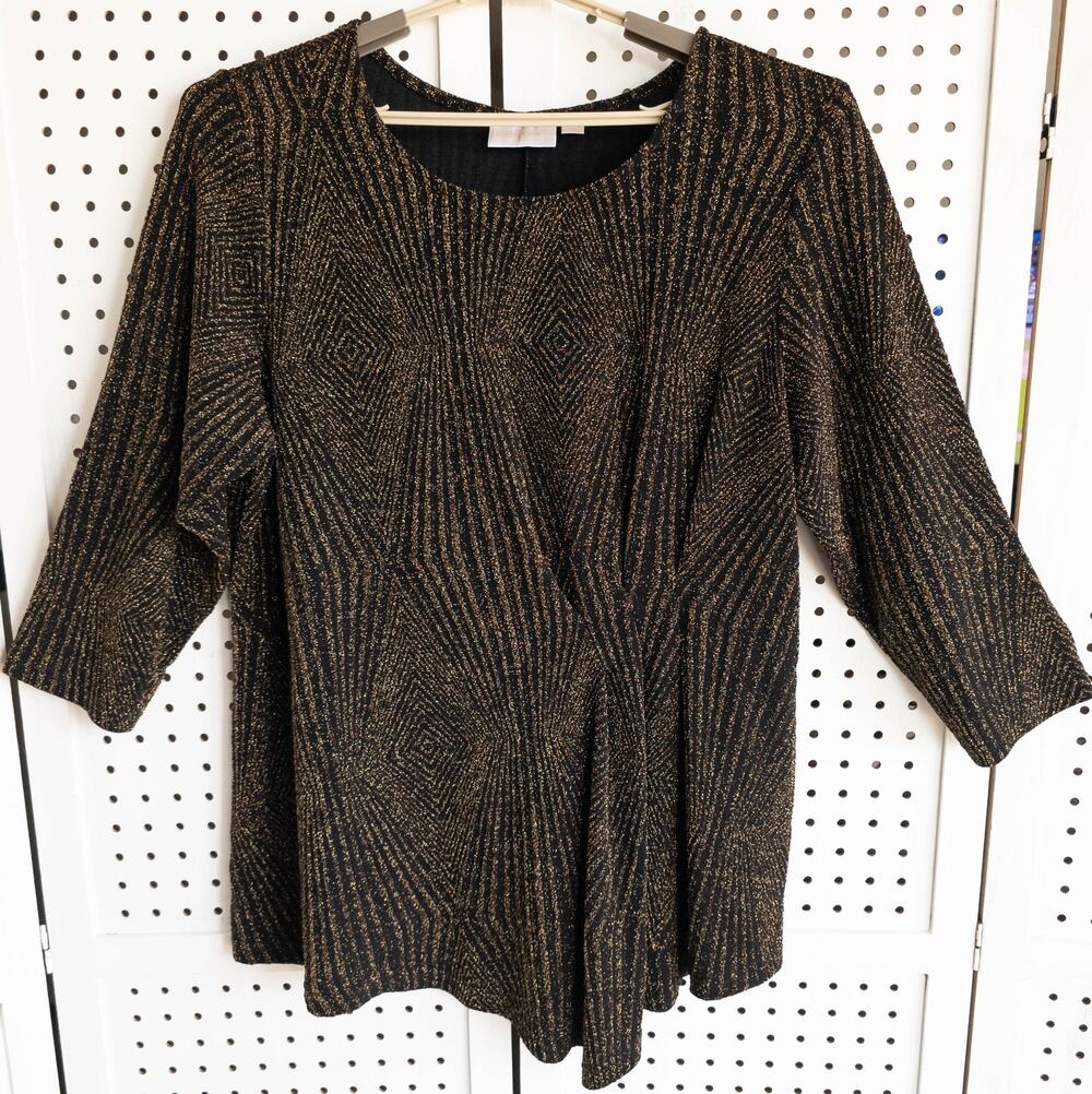 Belle by Kim Gravel Black Gold Metallic Top 3/4 Sleeve Womens SIZE 1X